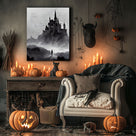 Haunted Gothic Castle in the Mist with Bats Illustration Halloween Wall Art