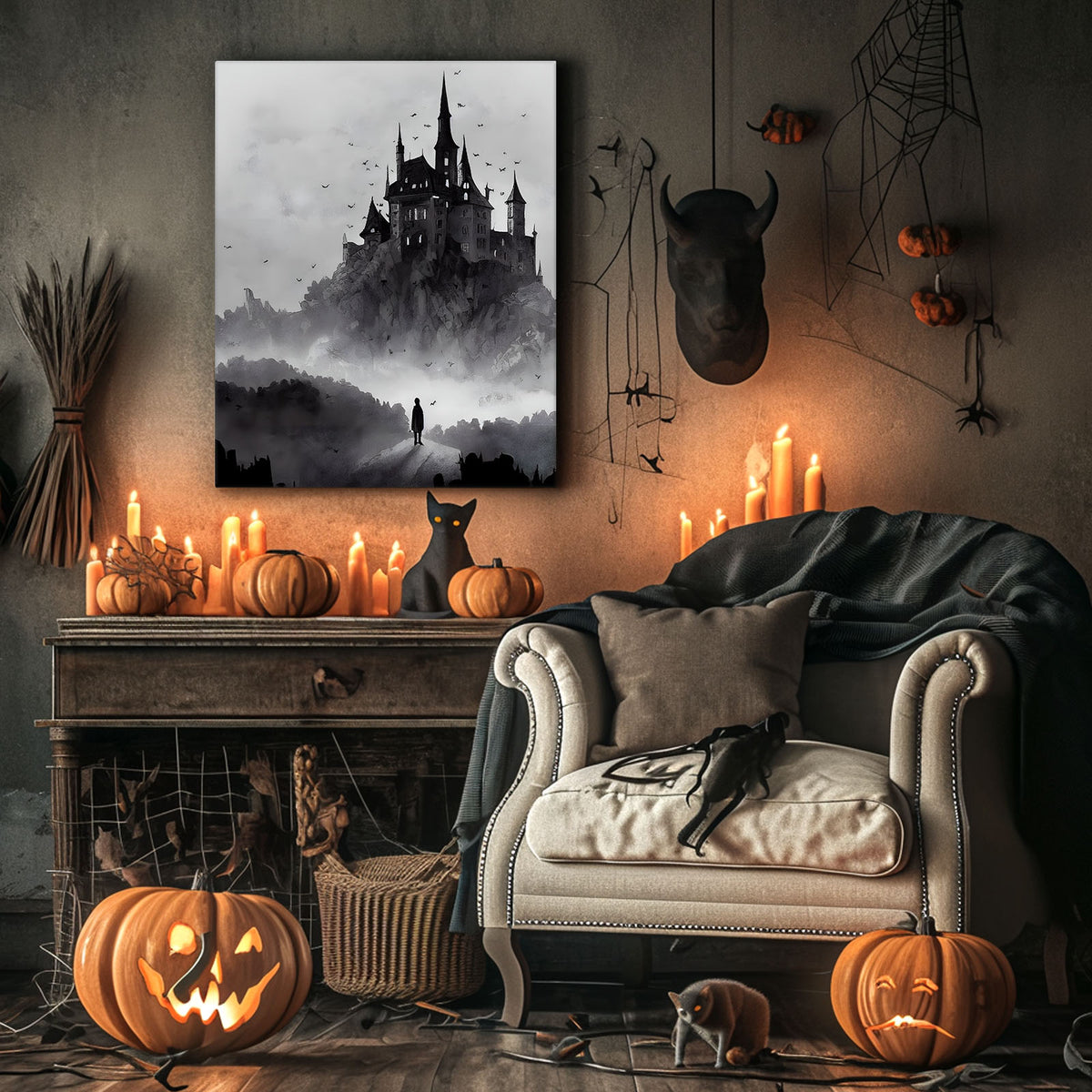Haunted Gothic Castle in the Mist with Bats Illustration Halloween Wall Art