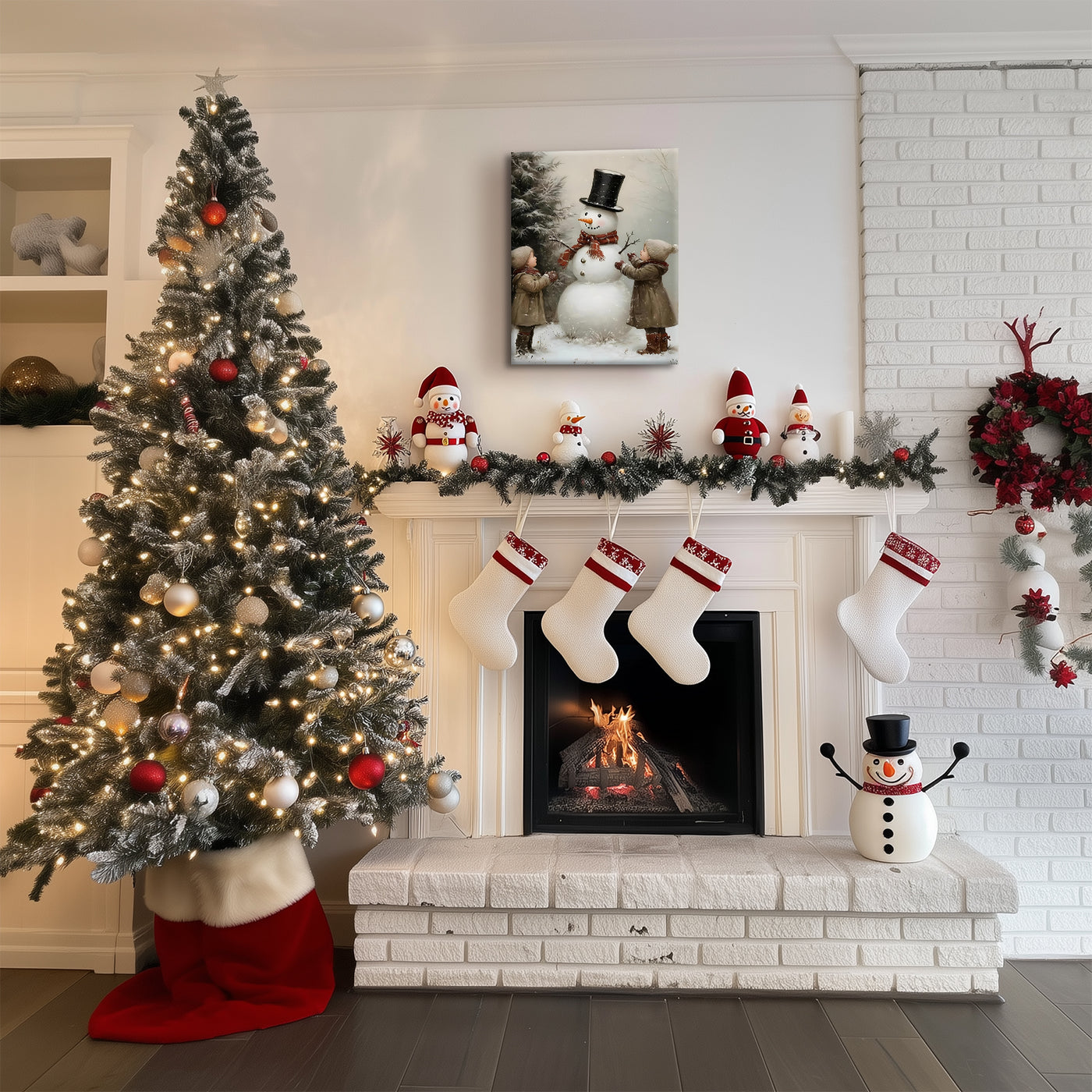 Snowman and Children Christmas Canvas Wall Art, Winter Family Holiday Artwork for Living Room, Bedroom and Entryway