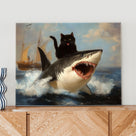 Black Cat Riding a Shark Whimsical Surreal Ocean Adventure Painting Wall Art