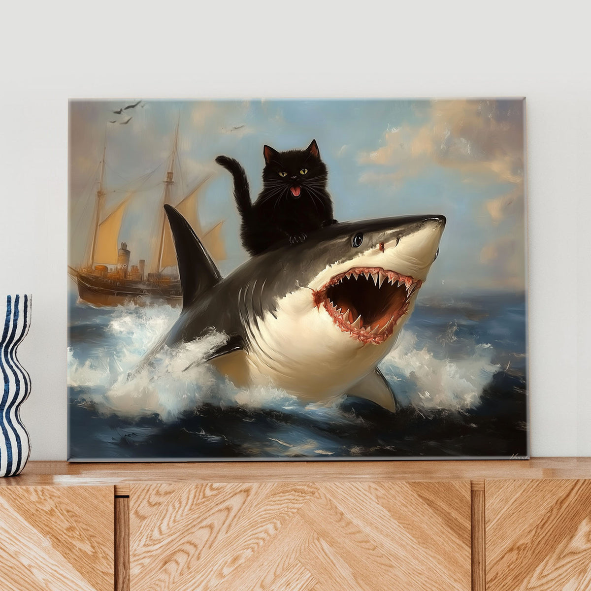 Black Cat Riding a Shark Whimsical Surreal Ocean Adventure Painting Wall Art