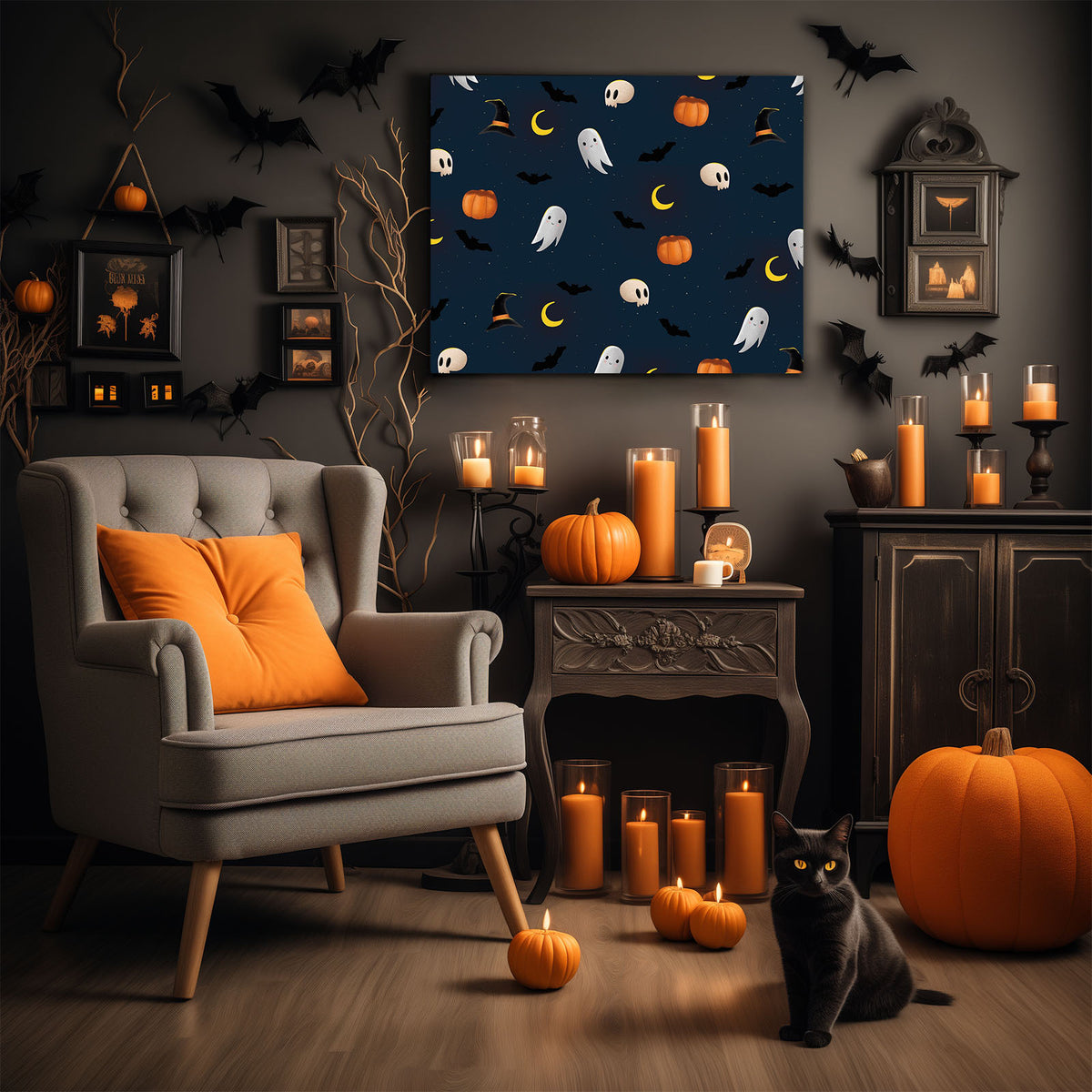 Cute Ghost, Bat and Pumpkin Pattern Illustration Halloween Ghost Wall Art