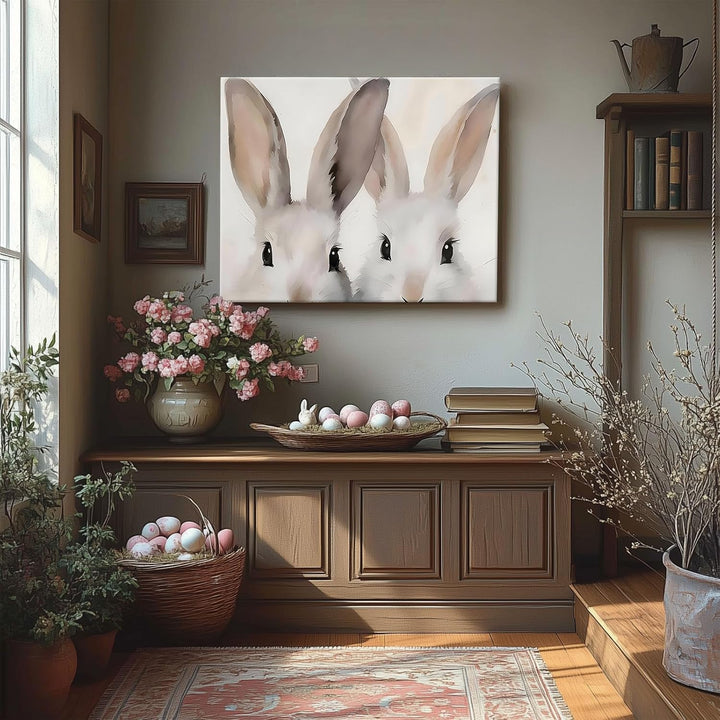 Rustic Easter Bunny Canvas Wall Art, Bunny Farmhouse Home Decor Print Painting Spring Aesthetic Artwork, Modern Easter Charm Holiday Gift Nursery Living Room Decoration