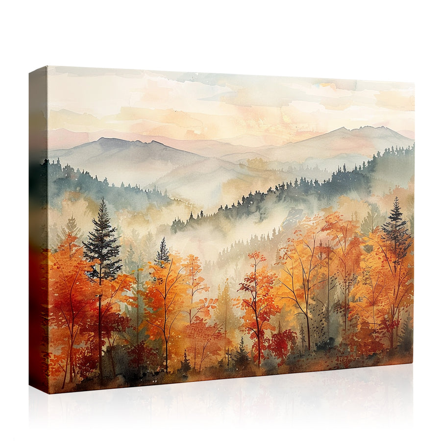 Autumn Mountain Forest Watercolor Landscape Wall Art