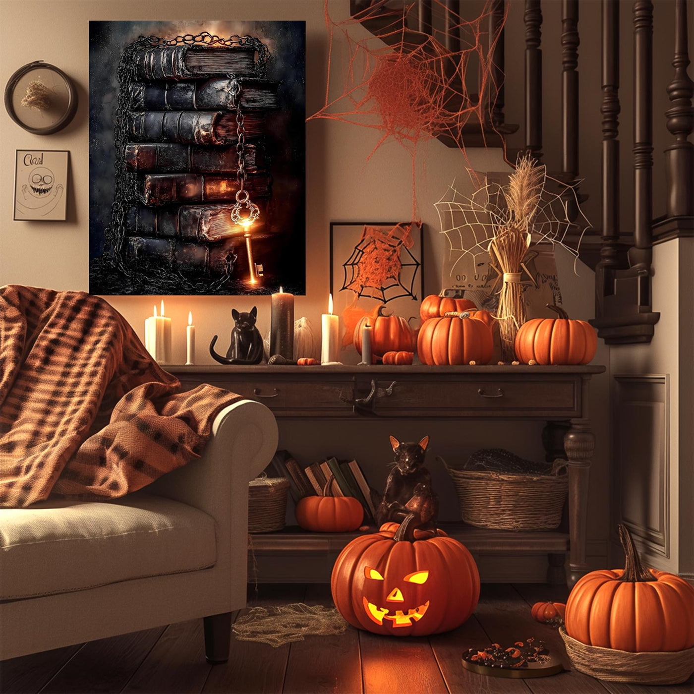 Gothic Spellbooks and Magic Key Halloween Canvas Wall Art