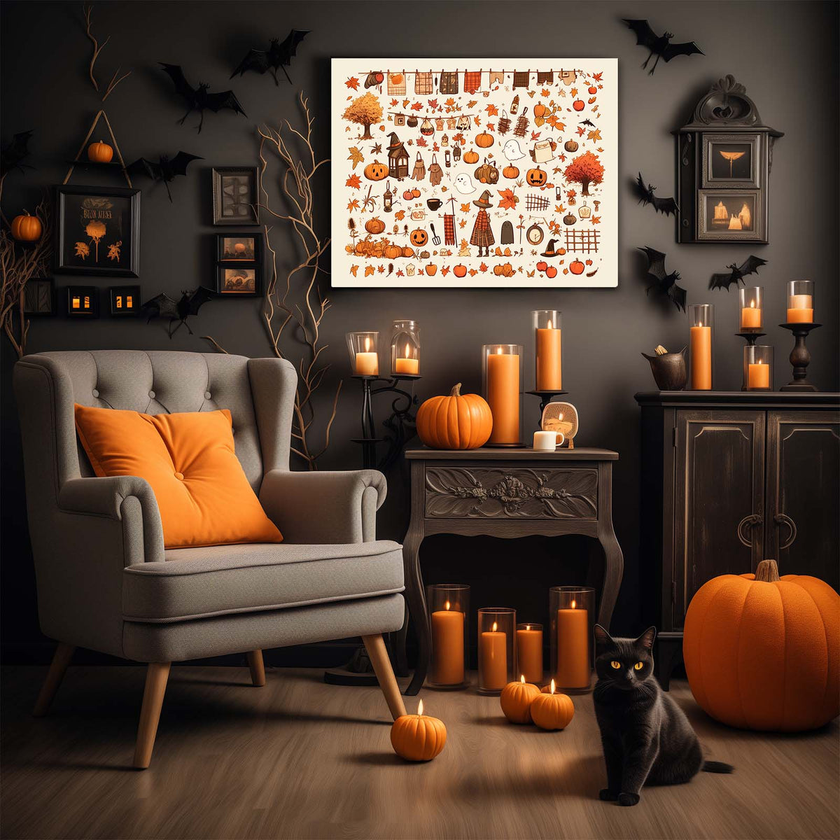 Autumn Cozy Halloween Doodle Collage Illustration Wall Art