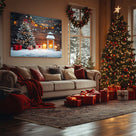 Rustic Christmas Cottage Canvas Wall Art, Snowy Holiday Scenes with Christmas Trees, Lanterns and Gingerbread Decor