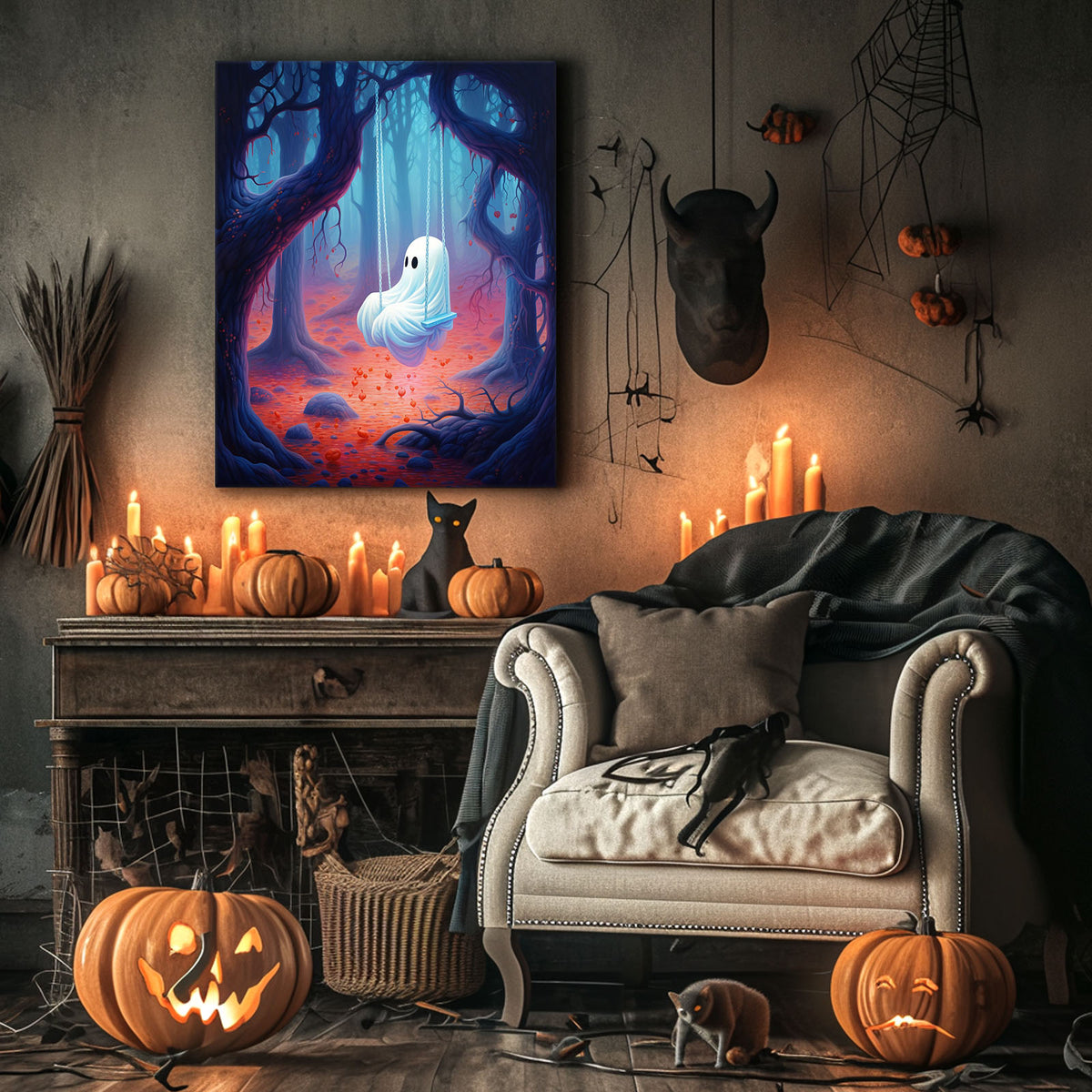 Cute Ghost on a Swing in an Enchanted Forest Illustration Halloween Wall Art