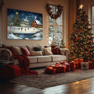 Christmas Ice Skating Canvas Wall Art, Snowy Farmhouse Scene with Christmas Tree and Barn Holiday Decor