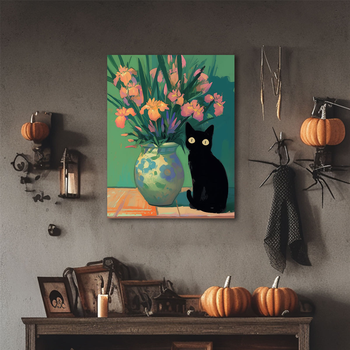 Black Cat Floral Vase Wall Art