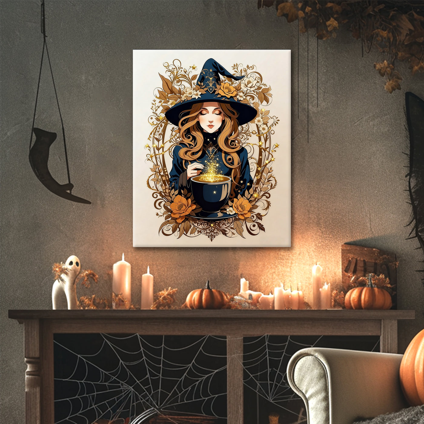Enchanted Floral Witch Halloween Canvas Wall Art
