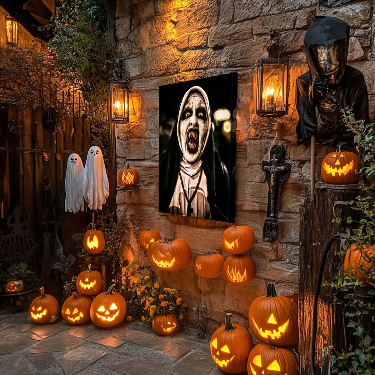 Demonic Nun Horror Halloween Canvas Wall Art – Terrifying Religious Horror Decor