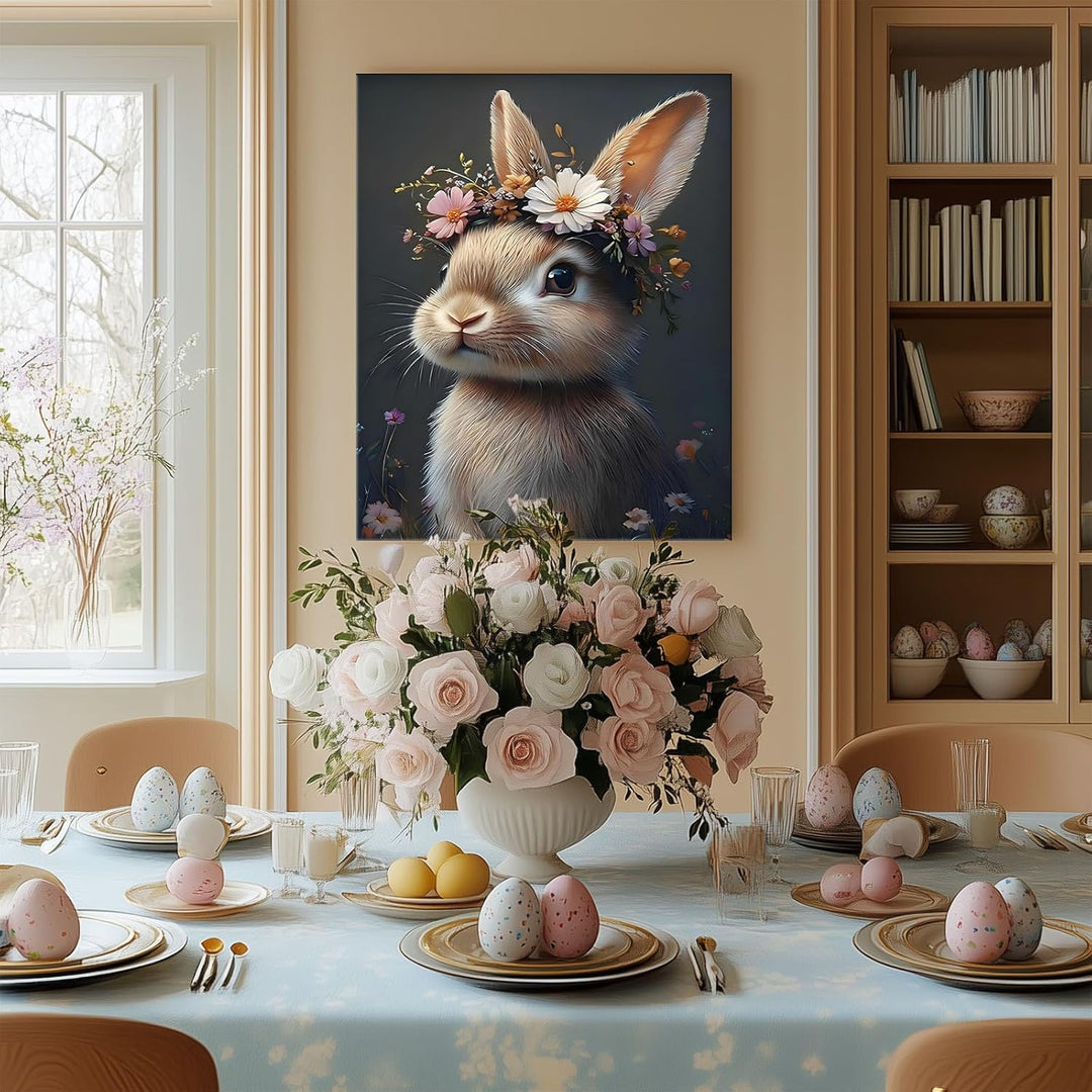 Easter Rabbit Framed Canvas Wall Art, Hare with Flower Crown Oil Painting Home Decor, Nature-Inspired Wall Decor Stunning Lovable Bunny Canvas Prints