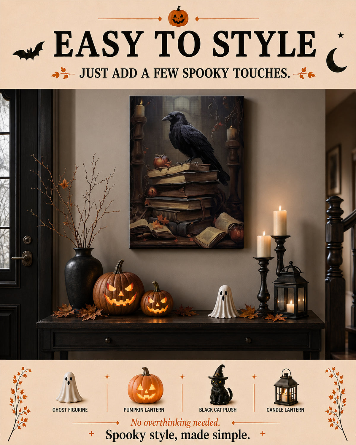 Halloween Raven Canvas Wall Art, Gothic Moonlit Bird Decor