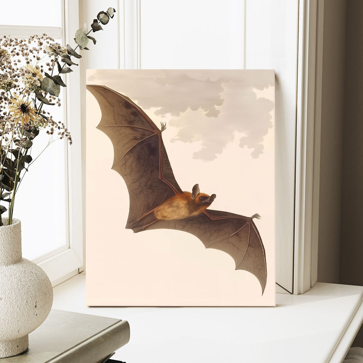 Vintage Antique Natural History Bat Illustration Halloween Wall Art