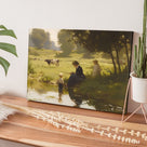 Mother and Child by the Pastoral Pond Nostalgic Impressionist Countryside Painting Wall Art