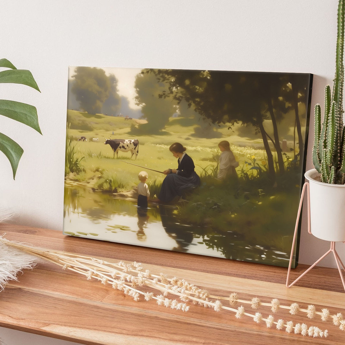 Mother and Child by the Pastoral Pond Nostalgic Impressionist Countryside Painting Wall Art