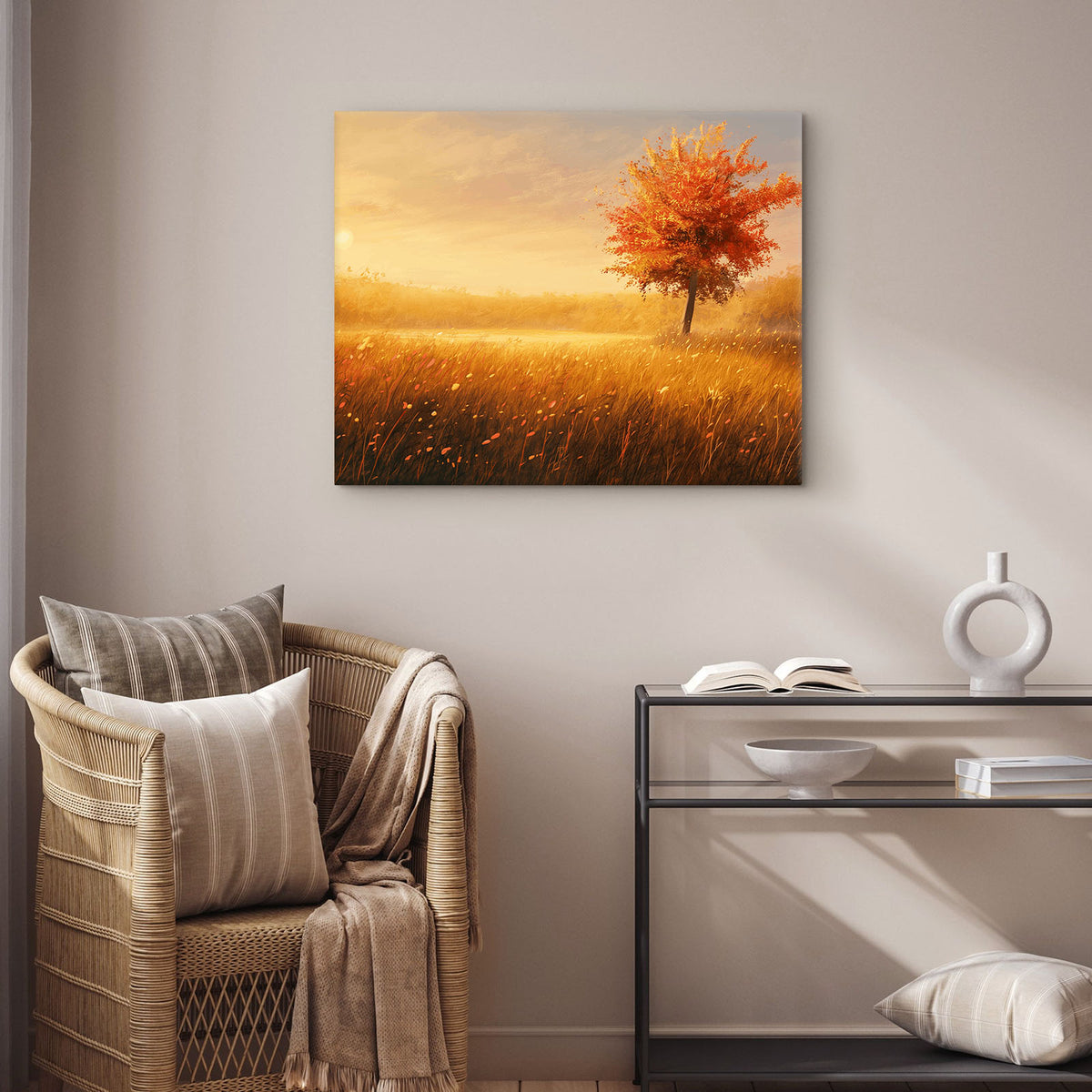 Golden Sunlit Autumn Meadow Landscape Tree Wall Art