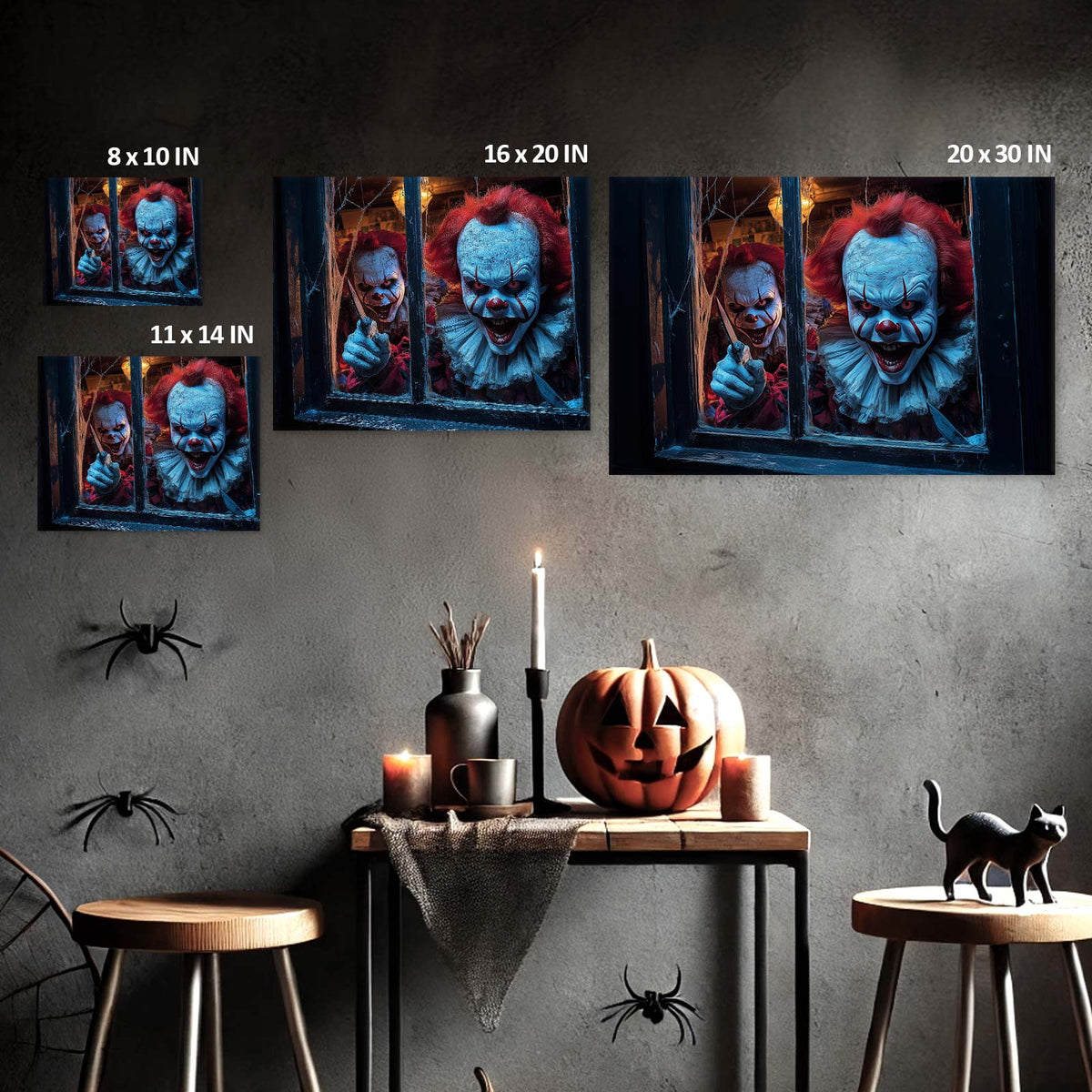 Creepy Clowns at the Window Halloween Canvas Wall Art – Dark Horror Party Decor