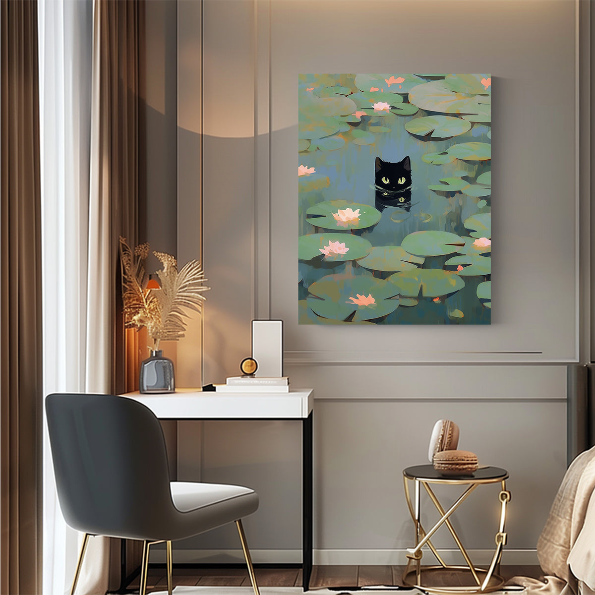 Black Cat Water Lily Wall Art
