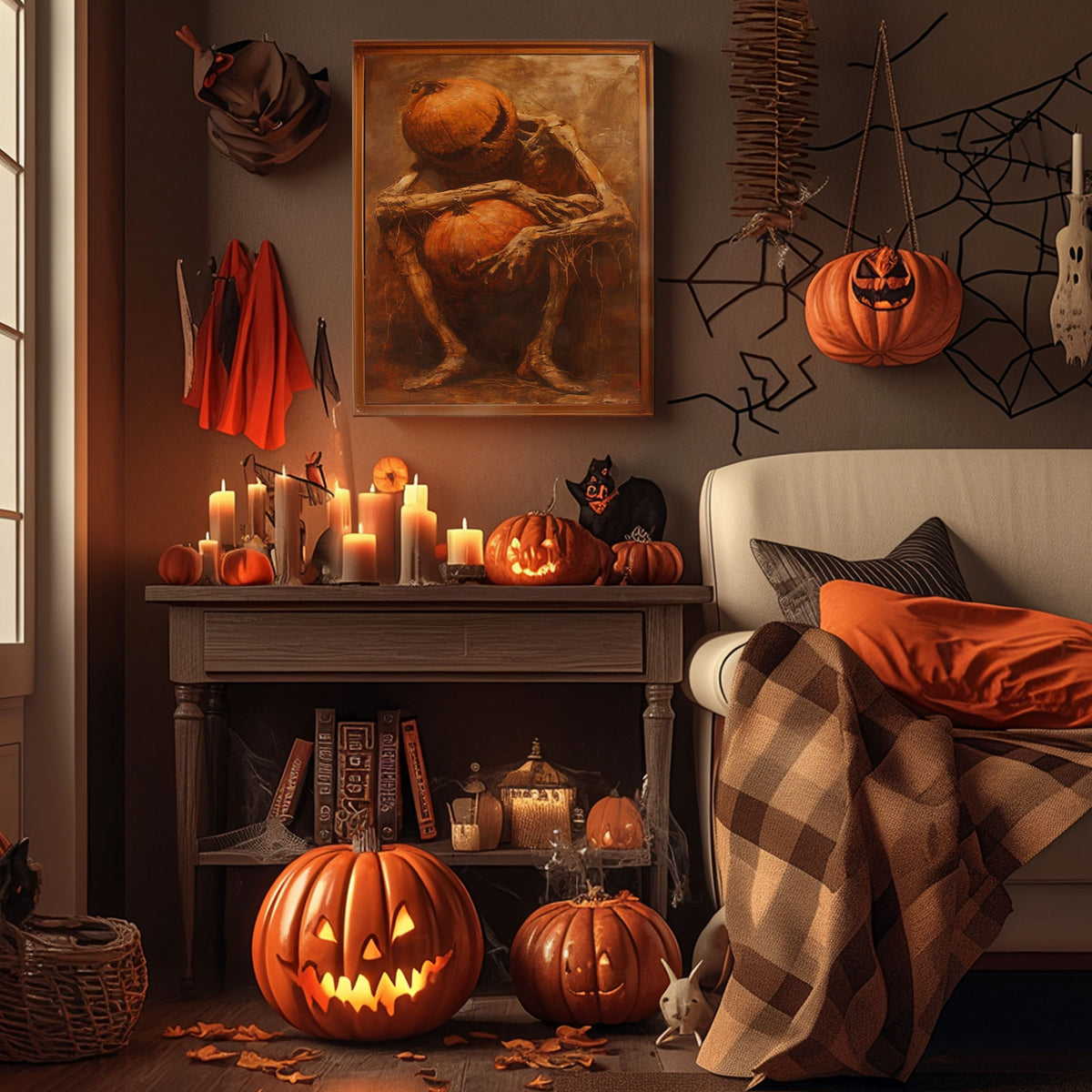 Dark Gothic Halloween Skeleton Pumpkin Painting Wall Art
