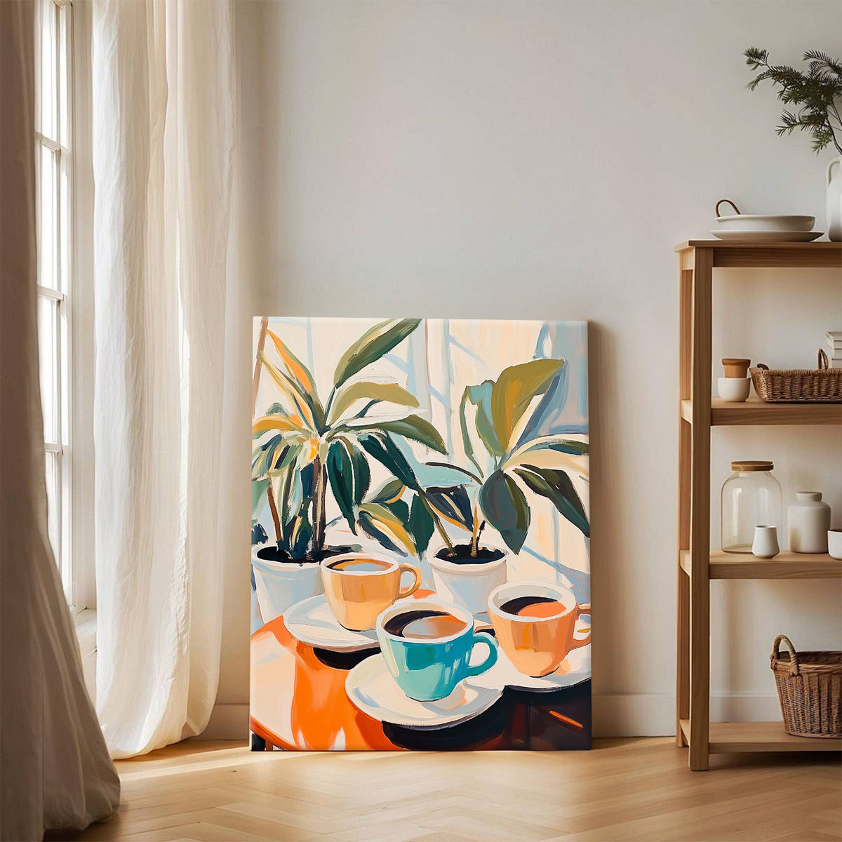 Colorful Coffee and Houseplants Modern Colorful Abstract Lifestyle Painting Wall Art