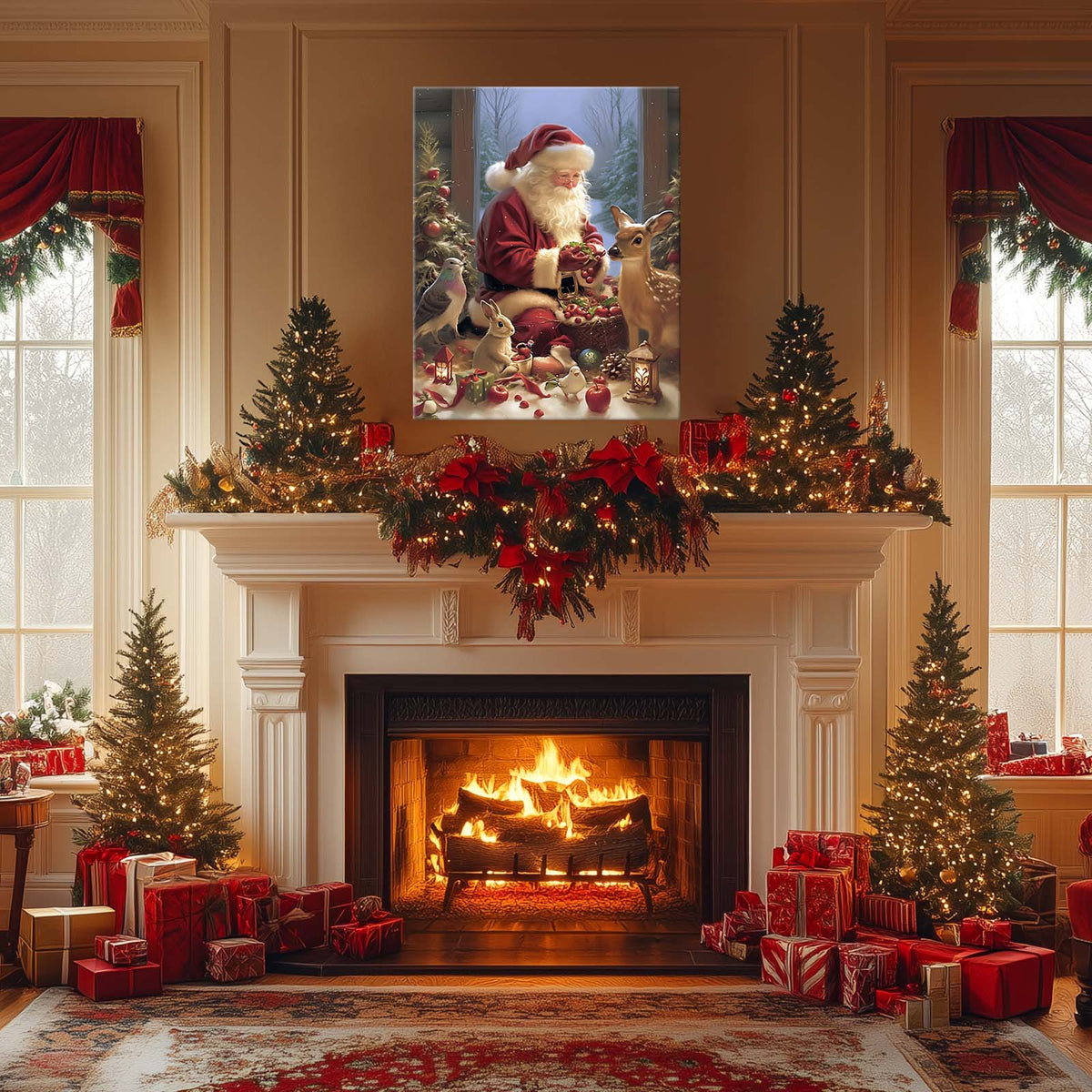 Santa Claus with Woodland Animals Christmas Canvas Wall Art, Whimsical Holiday Decor for Living Room and Nursery