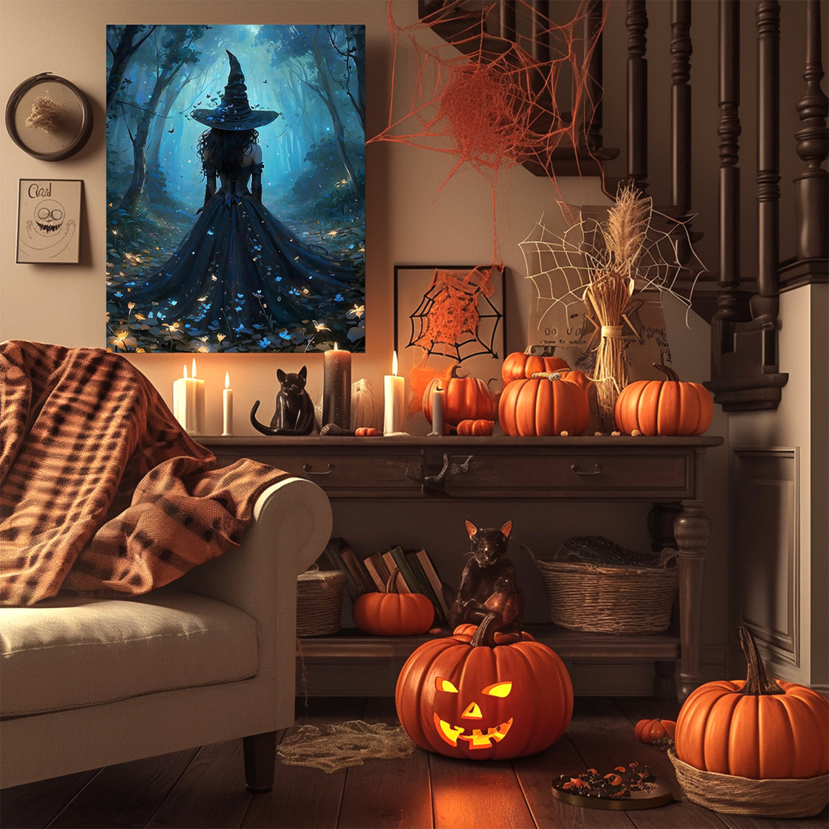 Mystic Blue Forest Witch Halloween Canvas Wall Art