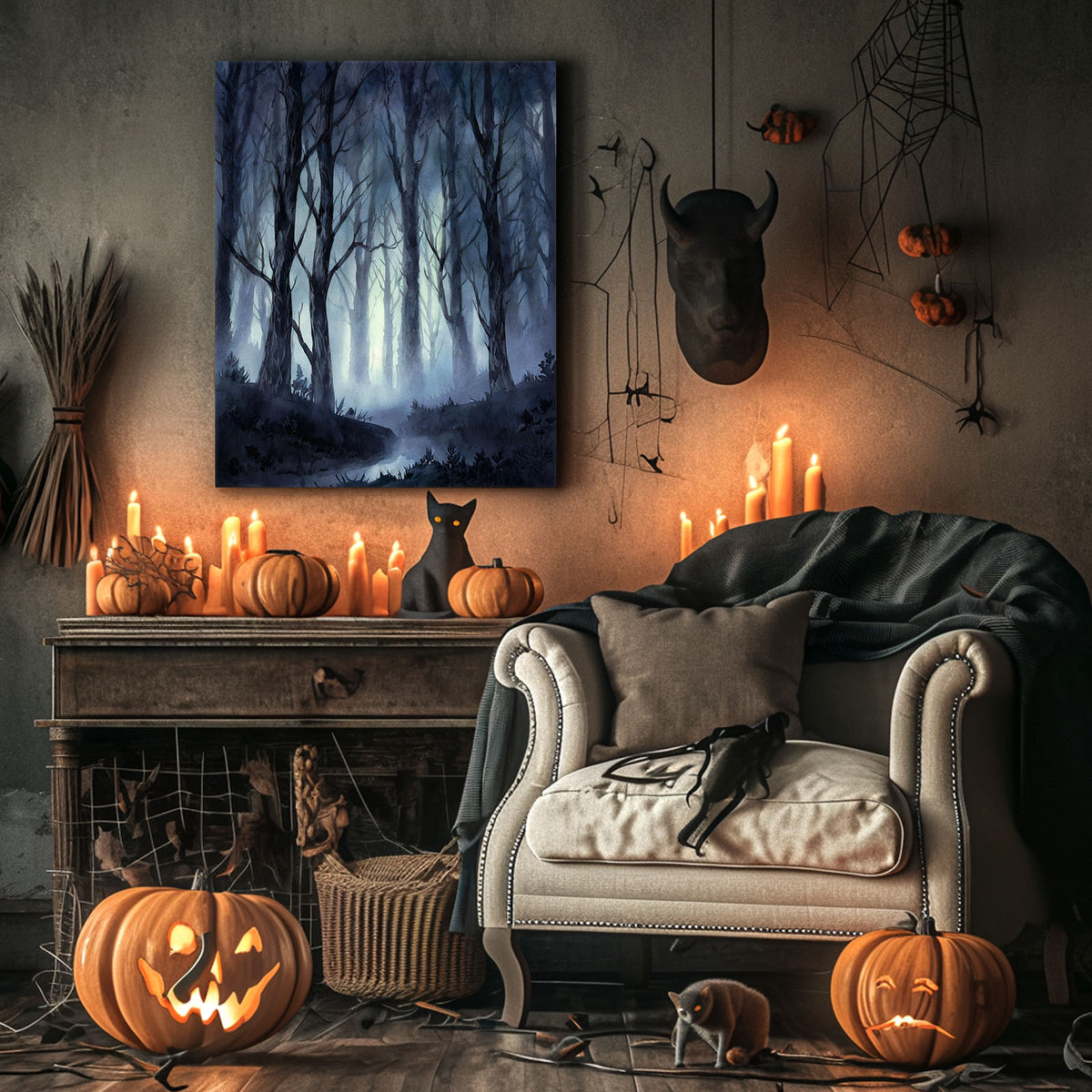 Haunted Misty Dark Forest Illustration Halloween Wall Art