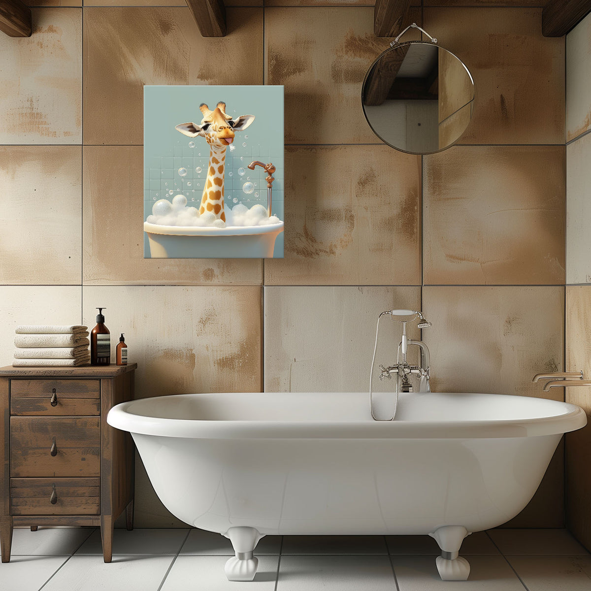 Giraffe in the Bathtub Whimsical Surreal Animal Illustration Wall Art
