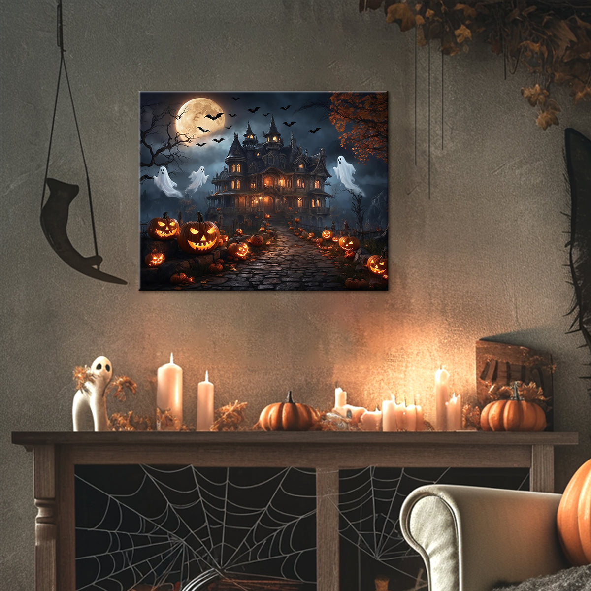 Pumpkinlit Haunted Castle Halloween Canvas Wall Art