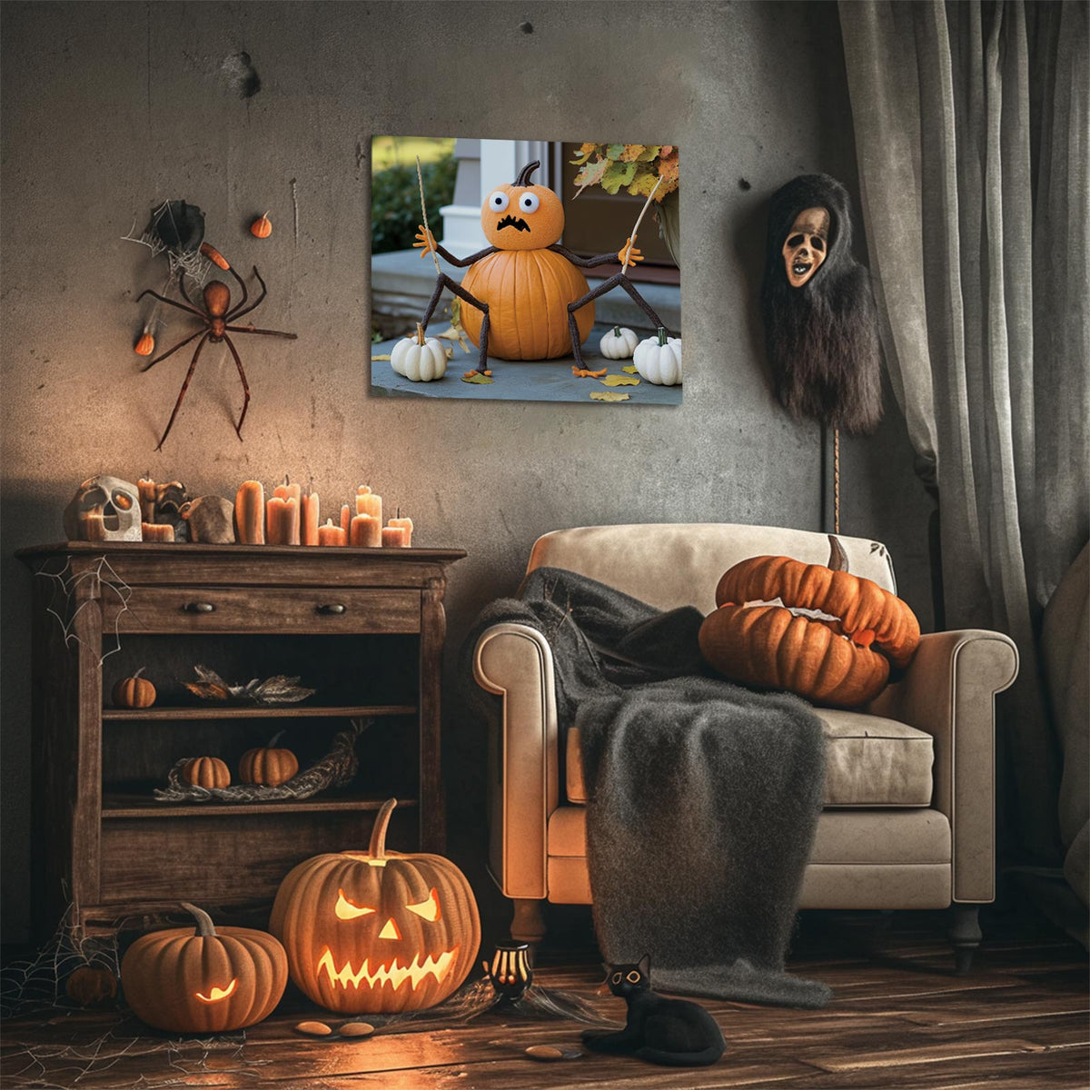 Funny Pumpkin Spider Canvas Wall Art – Cute Halloween Porch and Home Decor