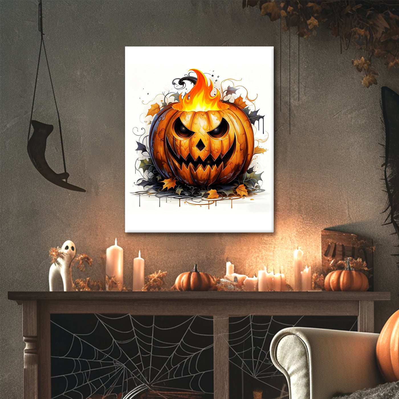 Pumpkin Flame Halloween Canvas Wall Art