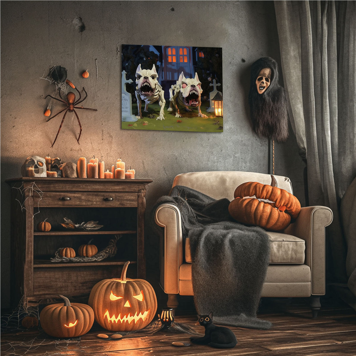 Spooky Skeleton Bulldogs in a Haunted Graveyard Illustration Dogs Wall Art