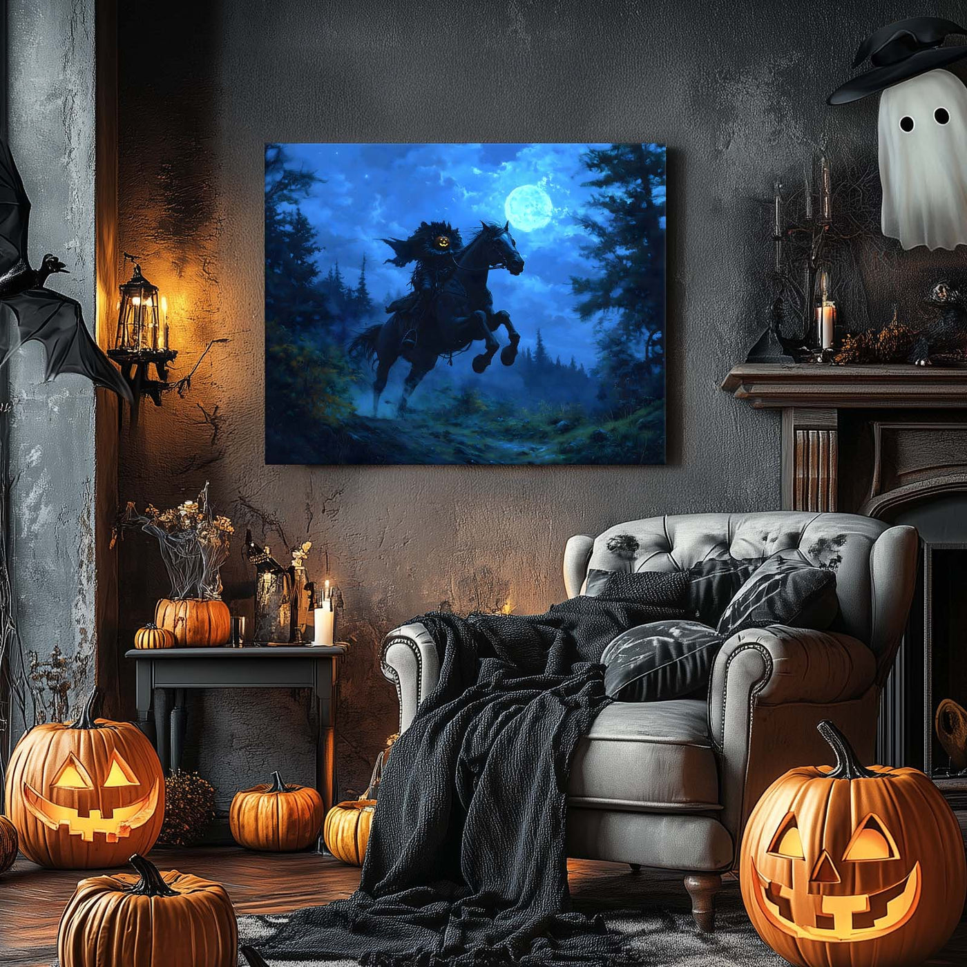 Moonlit Headless Horseman Halloween Canvas Wall Art