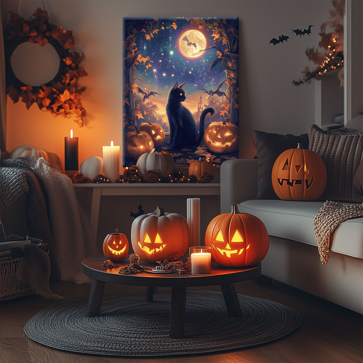 Black Cat and Pumpkins Halloween Whimsical Halloween Night Illustration Wall Art