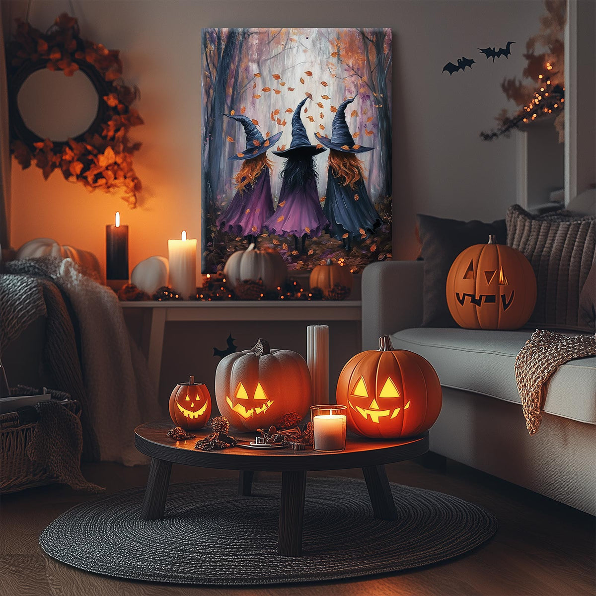 Three Witch Silhouettes Walking Through the Woods Painting Halloween Wall Art