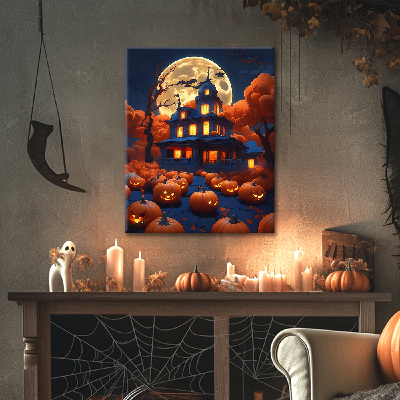 Moonlit Pumpkin Manor Halloween Canvas Wall Art