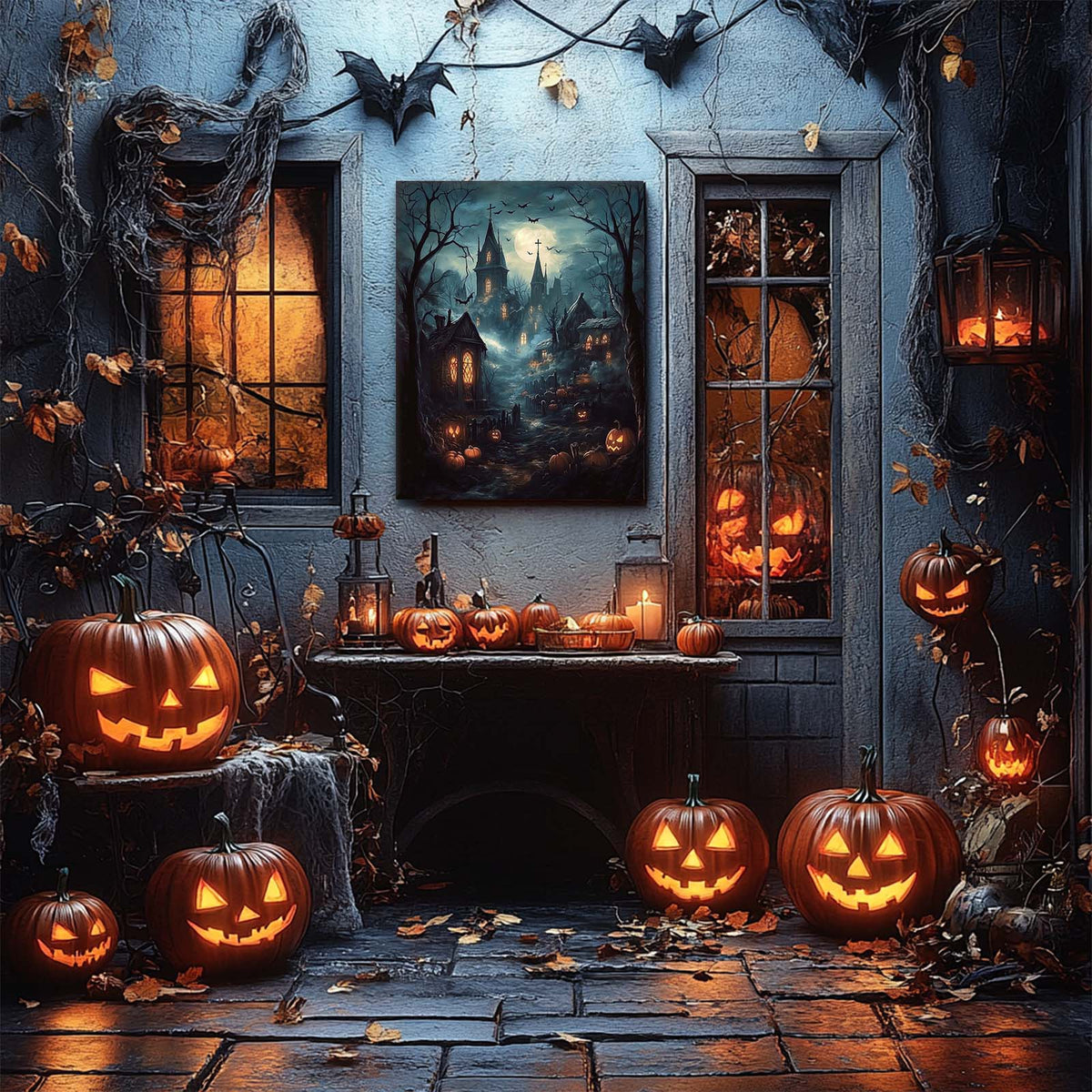 Moonlit Gothic Halloween Landscape Haunted Village Wall Art