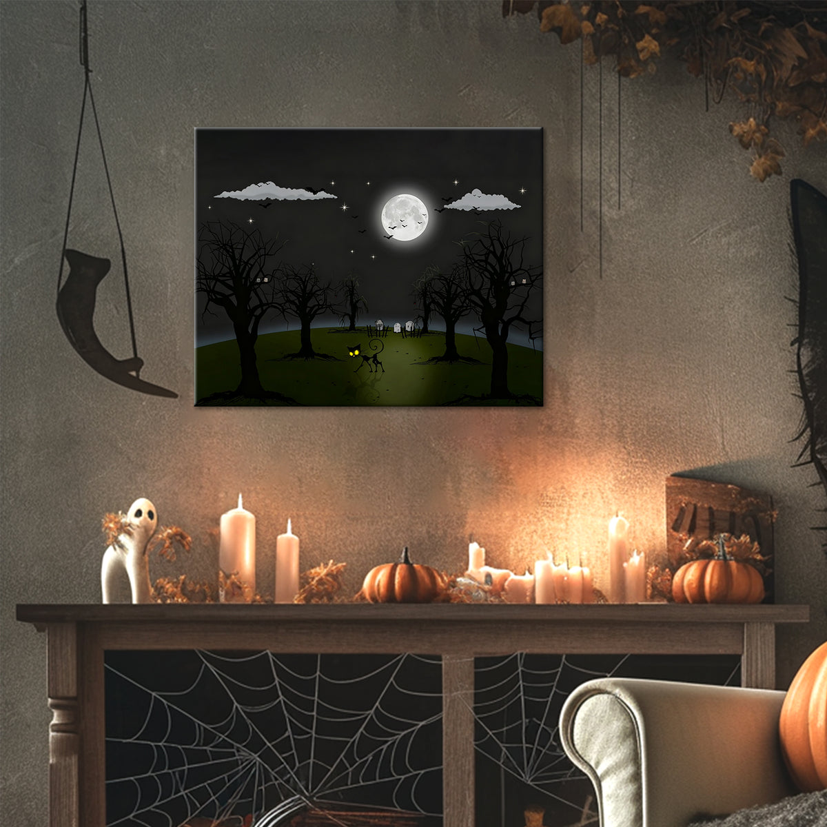 Moonlit Haunted Meadow Halloween Canvas Wall Art