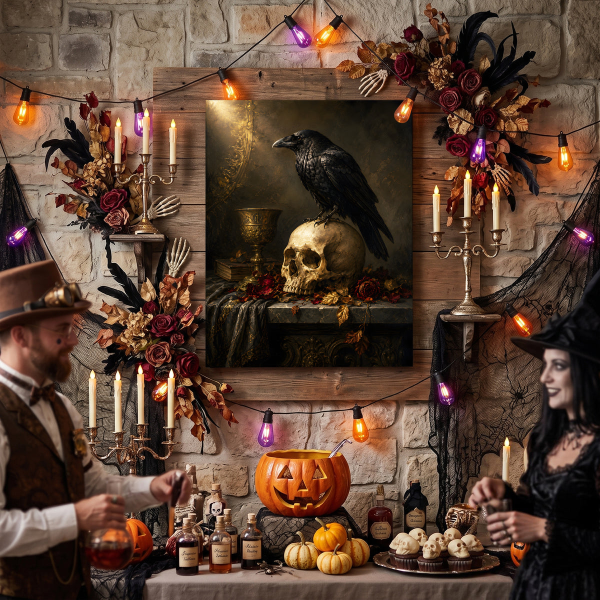 Halloween Raven Canvas Wall Art, Gothic Moonlit Bird Decor