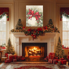 Christmas Poinsettia Canvas Wall Art, Red Holiday Floral Decor with Holly and Berries