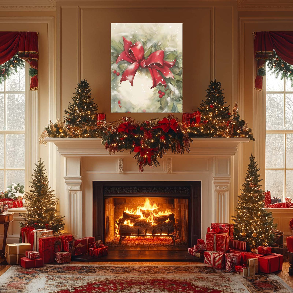 Christmas Poinsettia Canvas Wall Art, Red Holiday Floral Decor with Holly and Berries