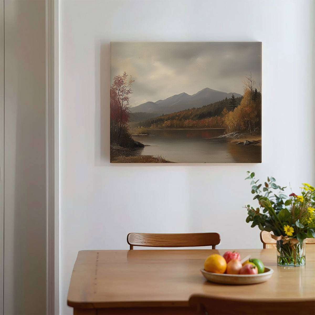 Autumn Misty Mountain Lake Landscape Painting Wall Art