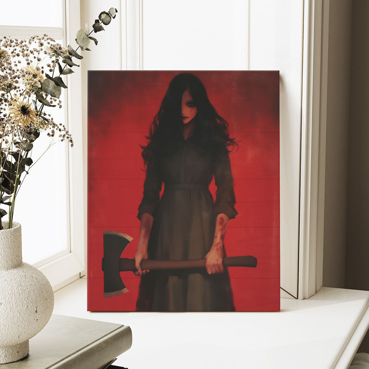 Female Horror Villain with Axe Dark Gothic Horror Portrait Painting Halloween Wall Art