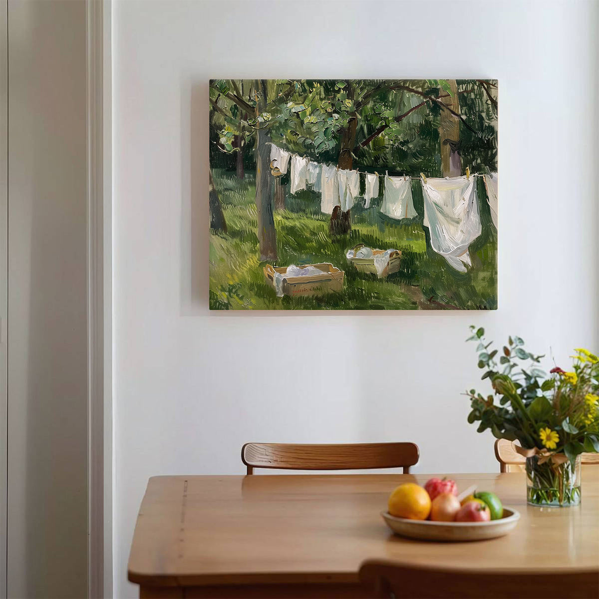 Rustic Garden Clothesline Impressionist Backyard Laundry Day Painting Wall Art