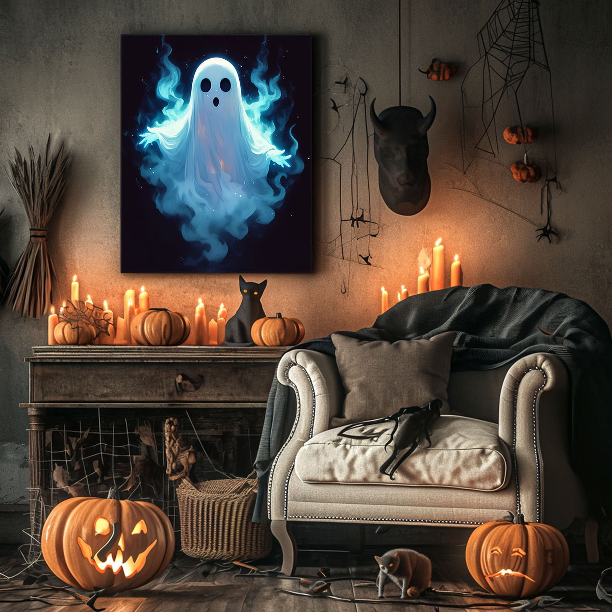 Haunted Glowing Blue Ghost Illustration Halloween Wall Art