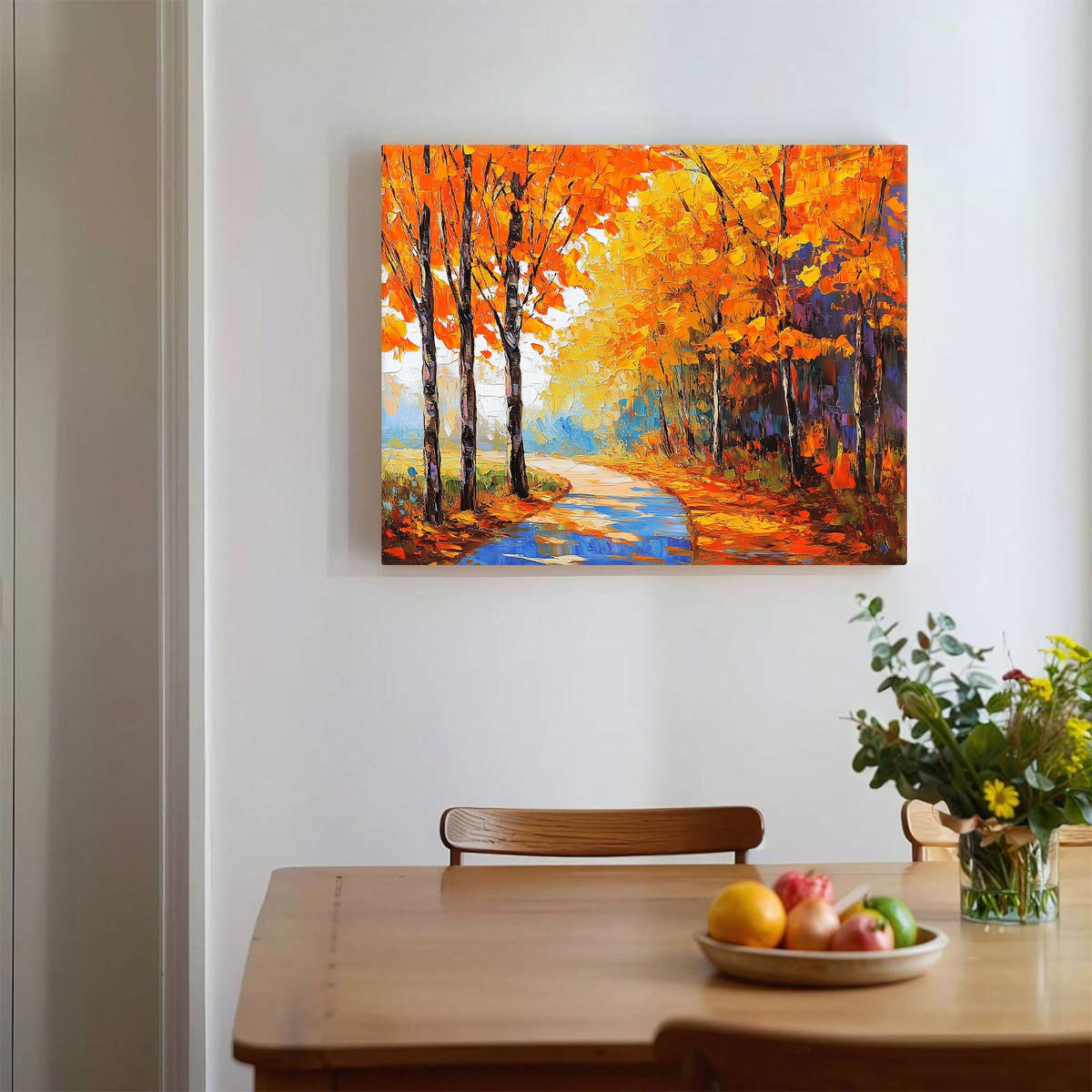 Vibrant Autumn Forest Textured Orange Woodland Path Painting Wall Art
