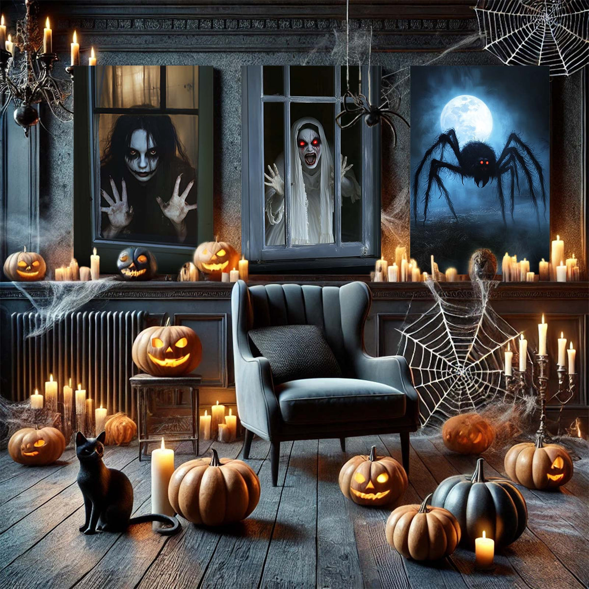 Haunted Girl at the Window Canvas Wall Art – Dark Halloween Horror Home Decor