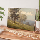 Sheep Grazing in the Misty Meadow Soft Atmospheric Pastoral Landscape Painting Wall Art